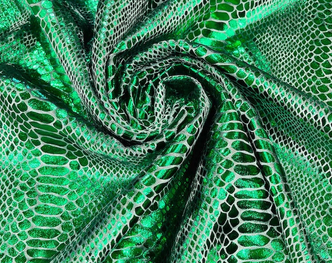 Green foil Snake design on a stretch velvet fabric-Sold by the yard.