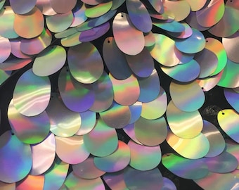 Jumbo iridescent silver Shiny 20mm paillette sequin on mesh fabric sold by yard