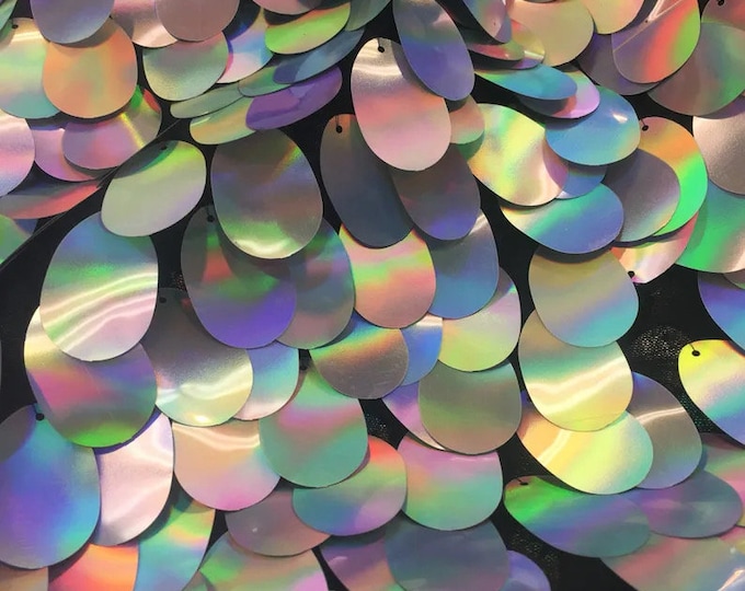 Jumbo iridescent silver Shiny 20mm paillette sequin on mesh fabric sold by yard