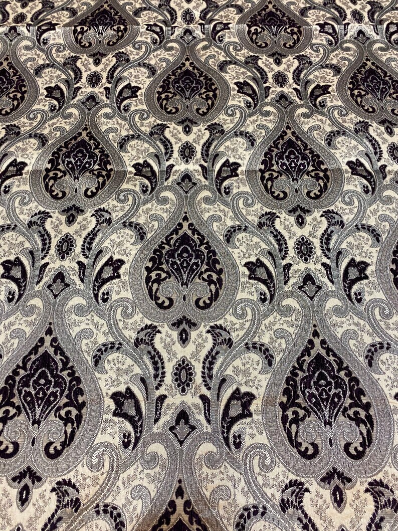 Black Silver Santamon Chenille Fabric Damask Print upholstery furniture fabric by the yard