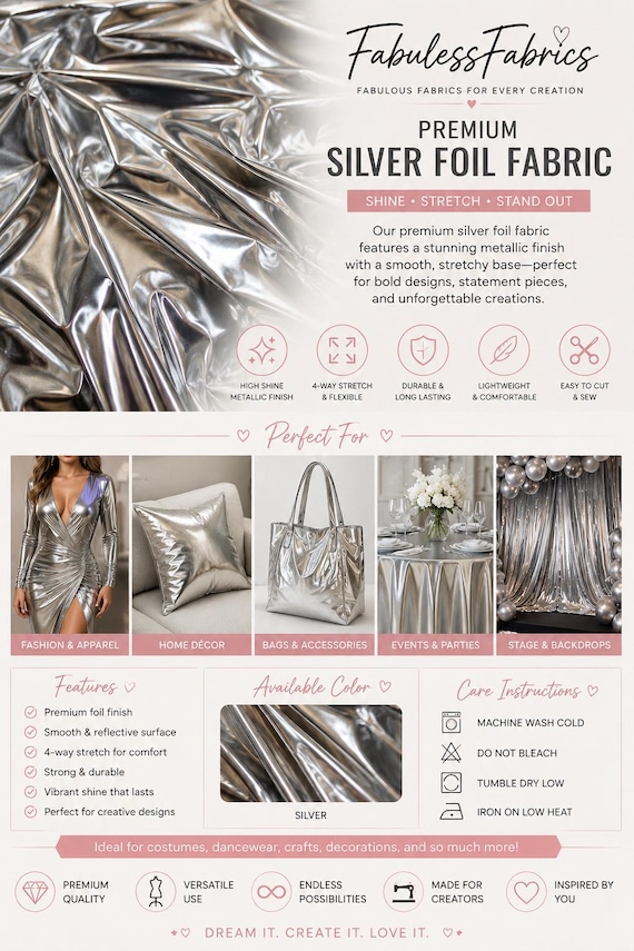 Silver Metallic chorme Foil 4 way Stretch fabric BY THE YARD swimwear dancewear costume 60" Wide
