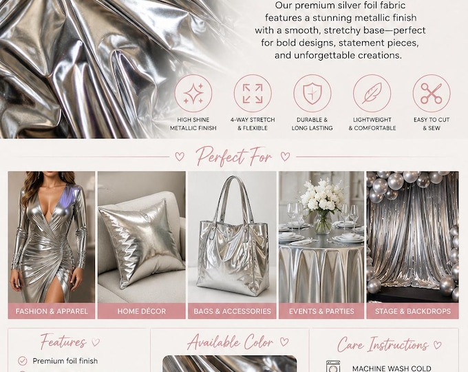 Silver Metallic Foil 4 way Stretch fabric swimwear dancewear 60" Wide