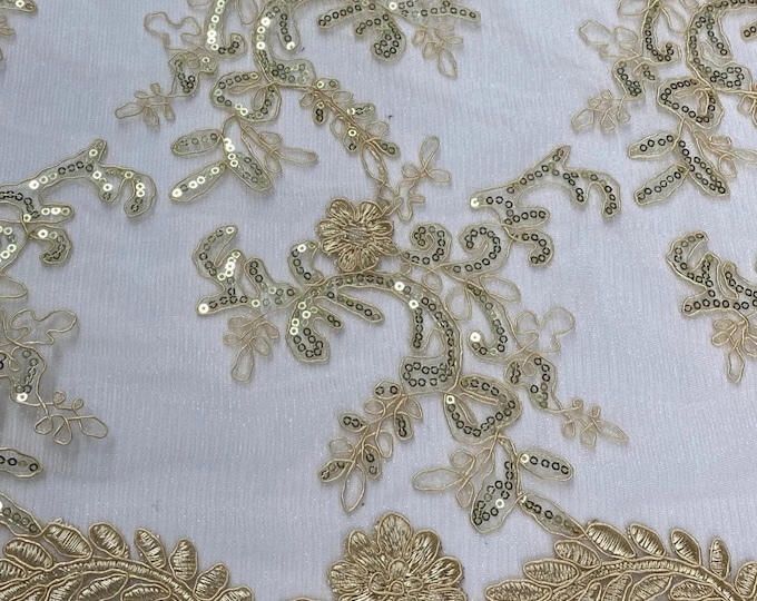 Elena beige corded Floral lace with sequin Fabric Sold By The Yard