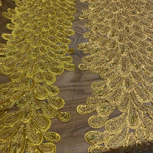 Yellow peacock sequin gem beaded on mesh, sold by the PANEL - prom, wedding, pageant, costume