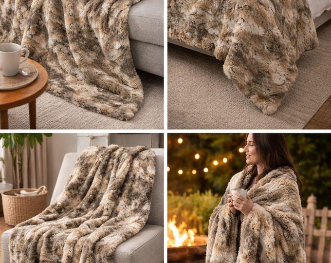 Luxury Minky Faux Fur Throw Blanket | 36 x 72 Cozy Plush Blanket | Neutral Tan Gray Cream | Sofa Bed Camping Gift