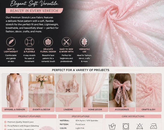 Light pink Vintage Stretch Floral Lace fabric 4 way  By The Yard