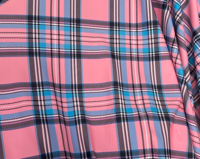 Plaid Pink blue Spandex 4 way stretch 58" wide