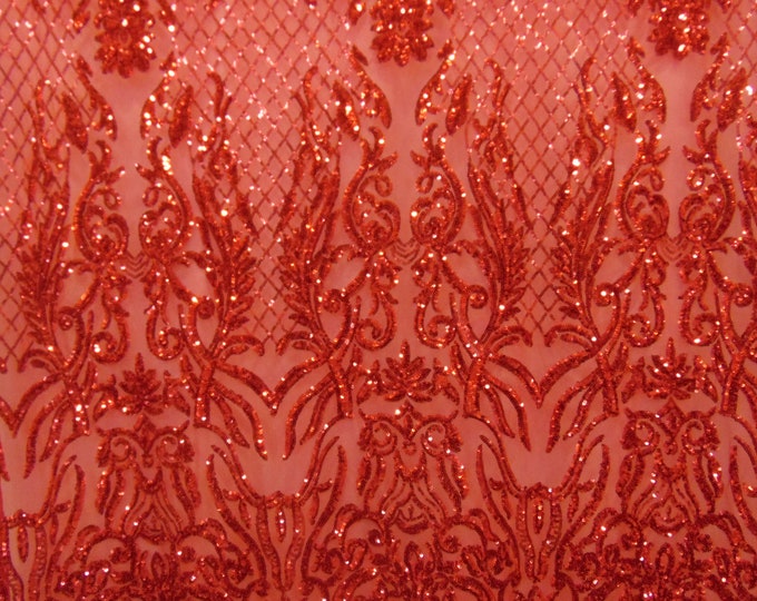 KARMA, Red, Big Print, Sequin, 4-way Stretch, Fabric 55" Sold By the Yard