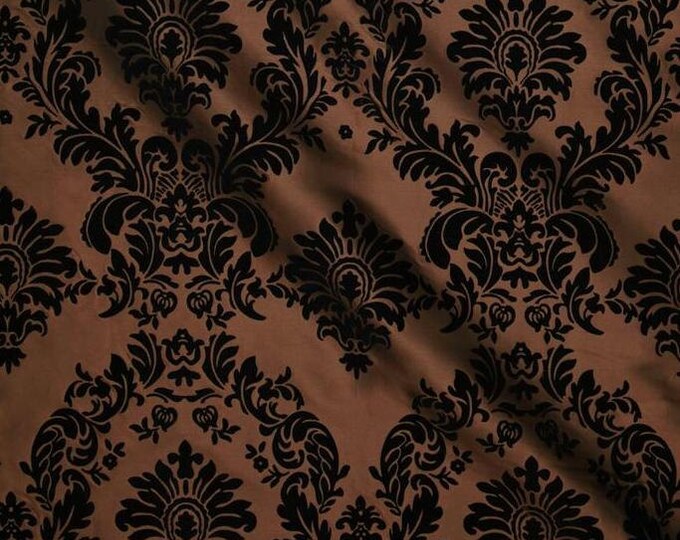 Brown Taffeta Black Flocking Damask fabric per yard