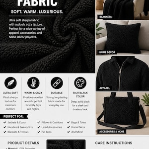 Black Sherpa Fabric by the Yard – Soft Faux Sheepskin Fleece – Cozy Plush Fabric for Blankets, Jackets, Upholstery, Crafts & Winter Sewing