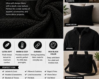 Black Sherpa Fabric by the Yard – Soft Faux Sheepskin Fleece – Cozy Plush Fabric for Blankets, Jackets, Upholstery, Crafts & Winter Sewing