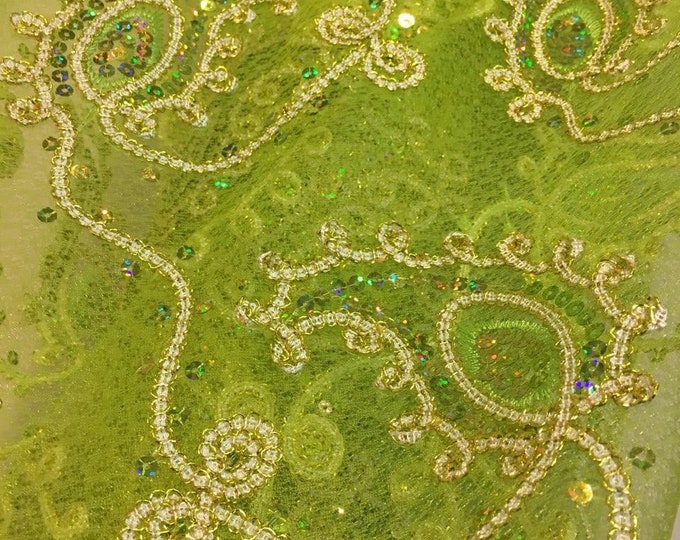 Vibrant Green Paisley Coco embroidery Sequins Sheer Polyester dress apparel fabric 54