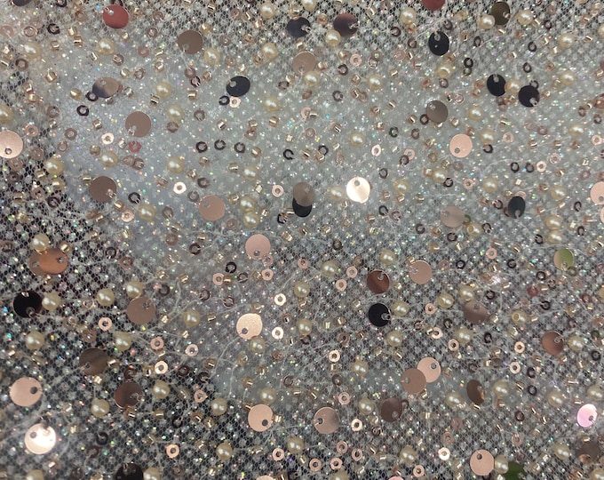 Rose beaded sequins and pearls on mesh fabric, 54 inches wide