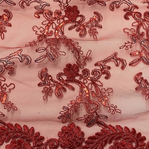 Elena red corded Floral lace with sequin Fabric Sold By The Yard