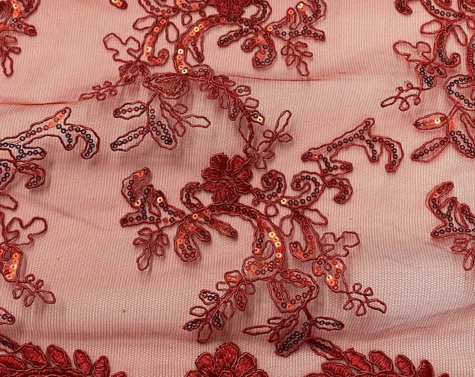 Elena red corded Floral lace with sequin Fabric Sold By The Yard