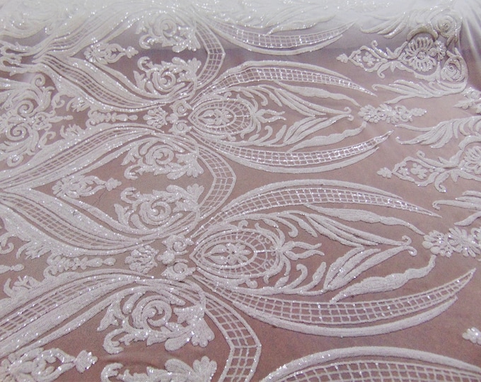 Victorian Egg/Tulip, White, Big Print, Sequin, 4-way Stretch, Fabric 54" Sold By the Yard, Wedding, Prom, Dresses, Lingerie, Pageant
