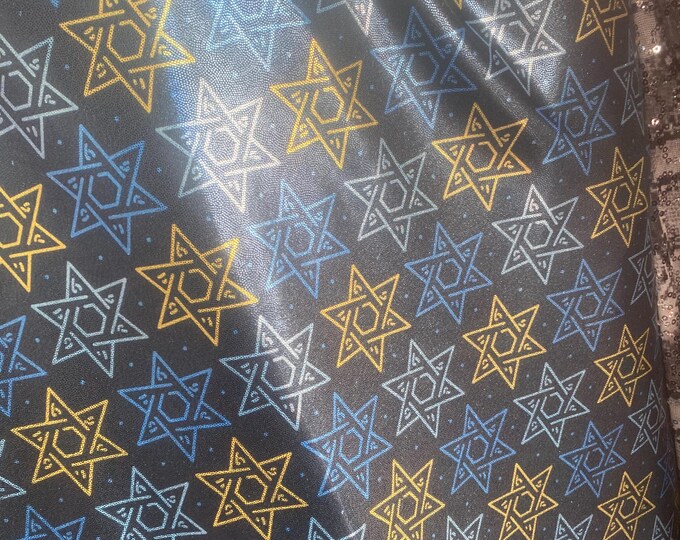 Hanukkah Star Blue/Gold mystique Spandex 4 way stretch 58" wide