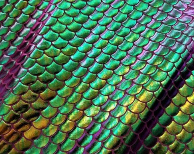 Mermaid Hologram Spandex- Purple, green, gold and Turquoise, Over a Purple Base  Metallic foil scales Fabric by the yard