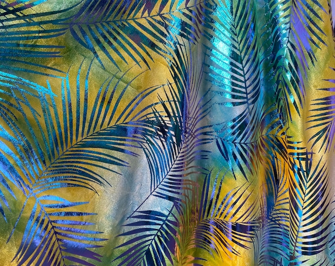 Iridescent foil palm 2 way Stretch on yellow Spandex fabric BY THE YARD swimwear dancewear costume 60" Wide
