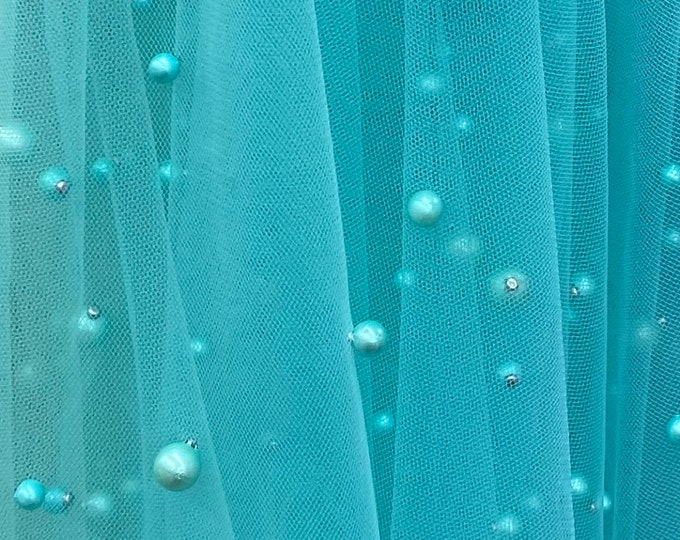 Aqua Very Soft Tulle with Pearls | 52" Wide | Bridal Veil Tulle, Wedding Dress |