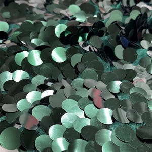 May include: Close-up of a fabric covered in dark green sequins. The sequins are round and overlapping, creating a textured surface. The fabric appears to be a mesh material, and the sequins have a shiny, reflective quality.