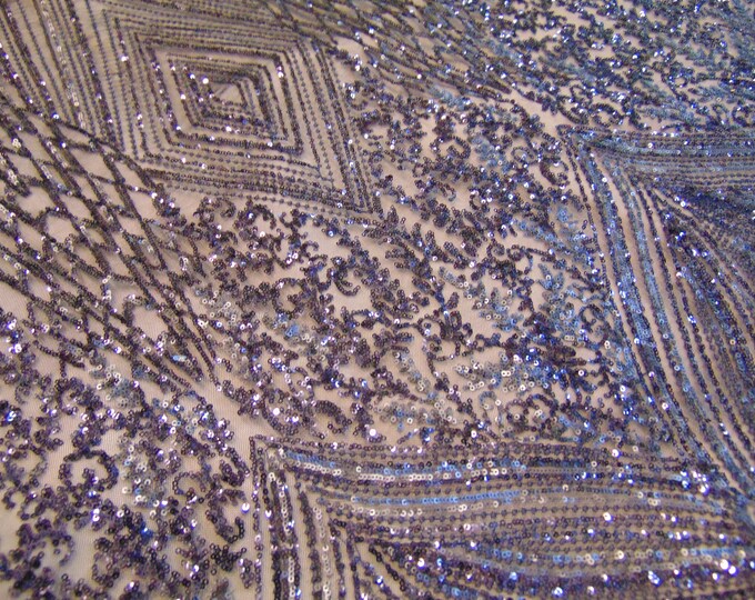 GEO GARDEN NAVY Sequin Mesh Polyester Lace Large Print Fancy Elegant Apparel Wedding Prom Veil Fabric By the Yard 55 " Wide