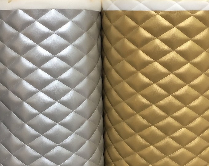 Contract Vinyl Leather Faux vinyl Quilted Shiny Silver and Gold auto headliner headboard fabric with 3/8" Foam Backing Upholstery 52" Wide