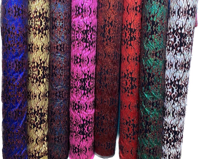 Flames design hologram shattered glass with flocking metallic nylon spandex 4-stretch58/60”sold by the yard