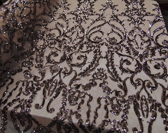 Victorian  SWEETHEART Damask 4-Way Stretch Mesh Lace TAUPE Tiny Sequin Fabric 56" Sold By the Yard, Regency, Edwardian, Red Carpet,