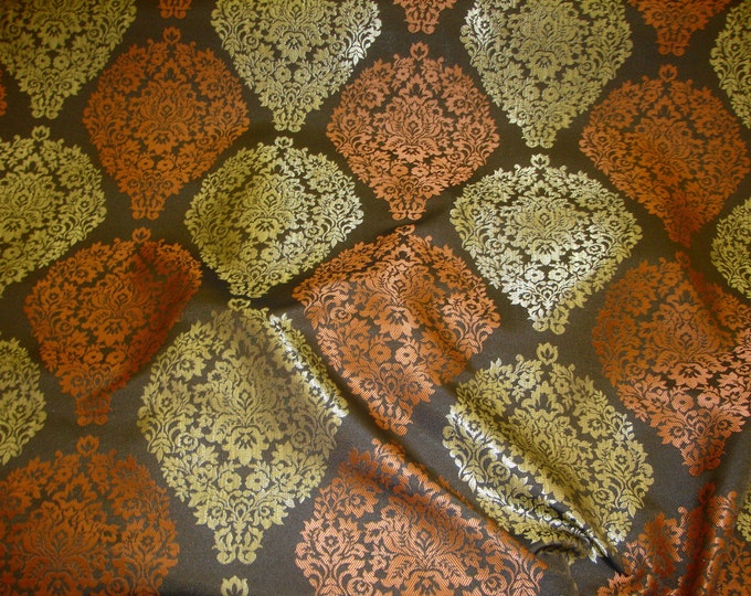 Rust and gold Damask Jacquard upholstery Drapery  fabric per yard