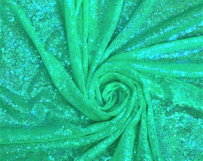 Green iridescent 3mm Glitz Sequins On Mesh Fabric, 54" Wide, Sells by the Yard
