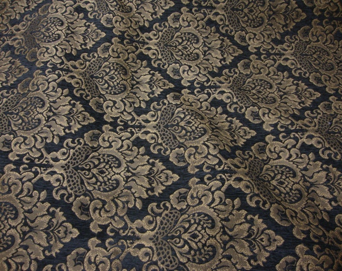 Chenille Charcoal Cleopatra Gold Damask upholstery fabric by the yard