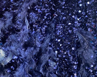 Navy sequin stretch velvet with feathers , 4-Way stretch  fabric by the yard 60" Wide
