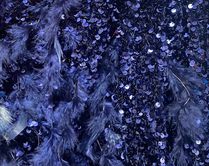 Navy sequin stretch velvet with feathers , 4-Way stretch  fabric by the yard 60" Wide