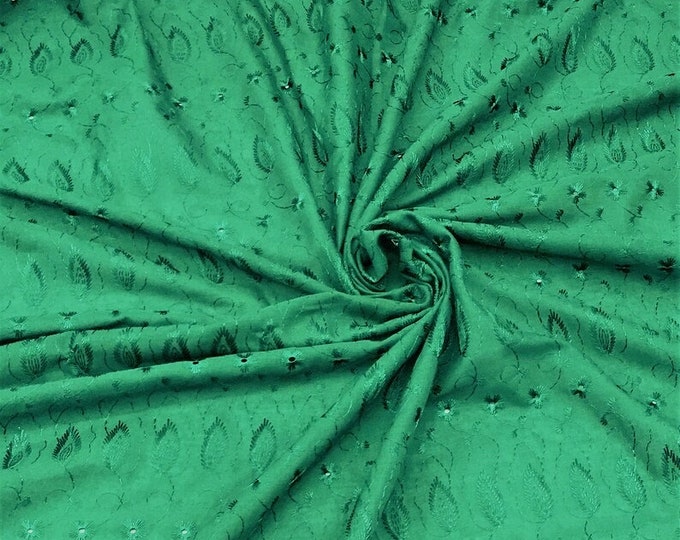 Pine Medium Weight Eyelet Double Scalloped Finished Edge Stitched Embroidery Poly Cotton Fabric, 42" Wide