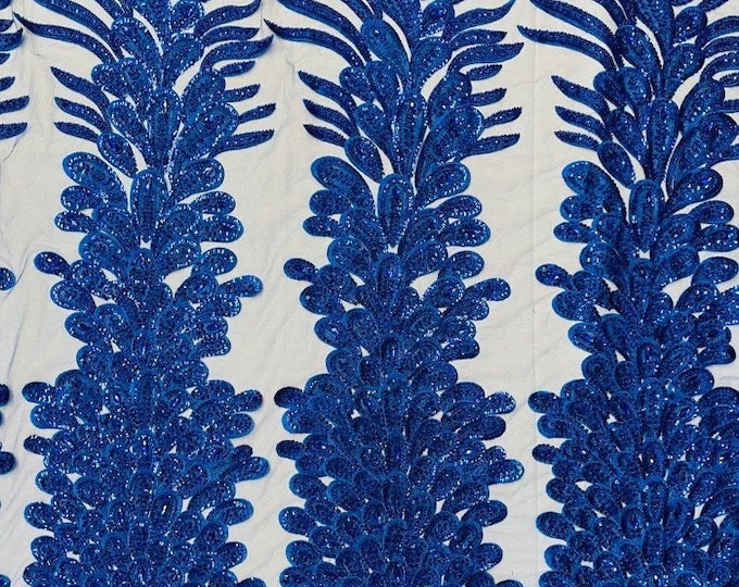 Royal peacock sequin gem beaded on mesh, sold by the PANEL