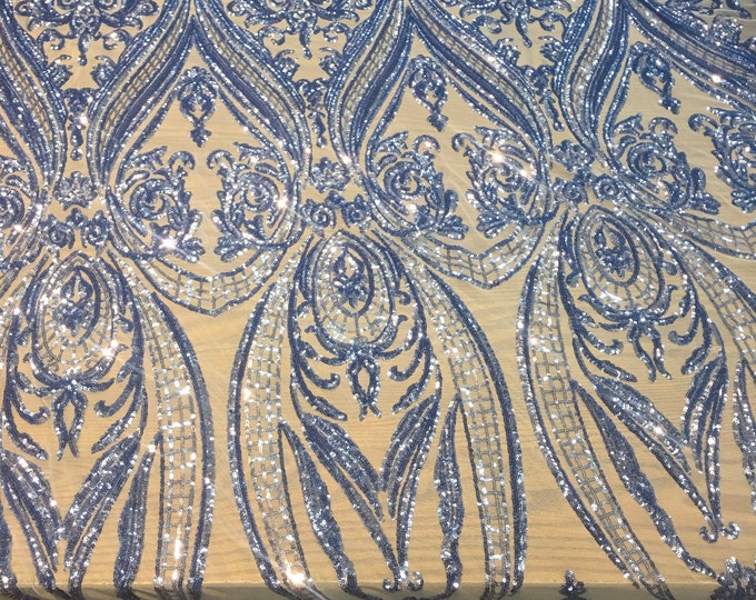 Victorian Egg/Tulip, LIGHT BLUE  , Big Print, Sequin, 4-way Stretch, Fabric 54" Sold By the Yard