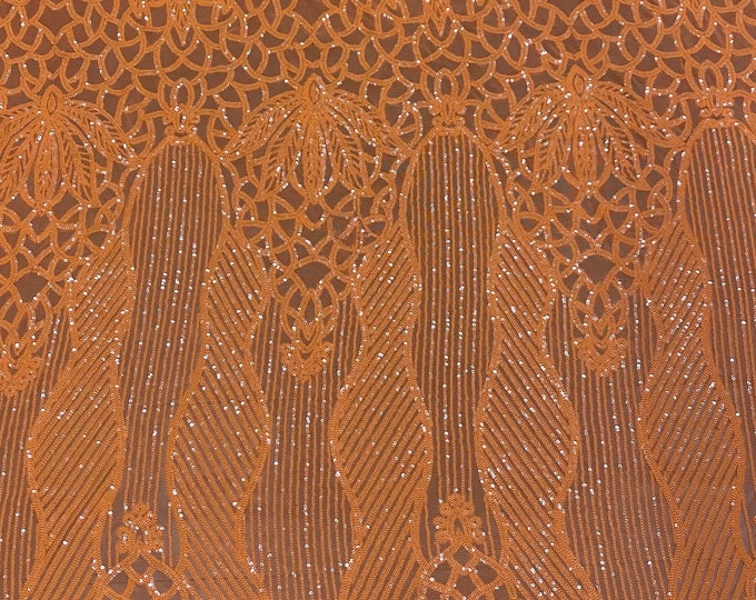 Sequin orange on orange mesh , 4-way Stretch, Fabric 54" Sold By the Yard, Wedding, Prom, Dresses, Lingerie, Pageant