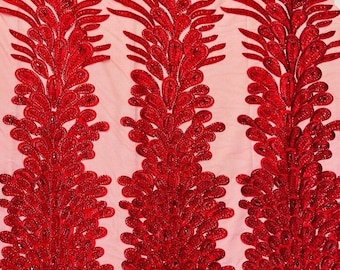 Red peacock sequin gem beaded on mesh, sold by the PANEL