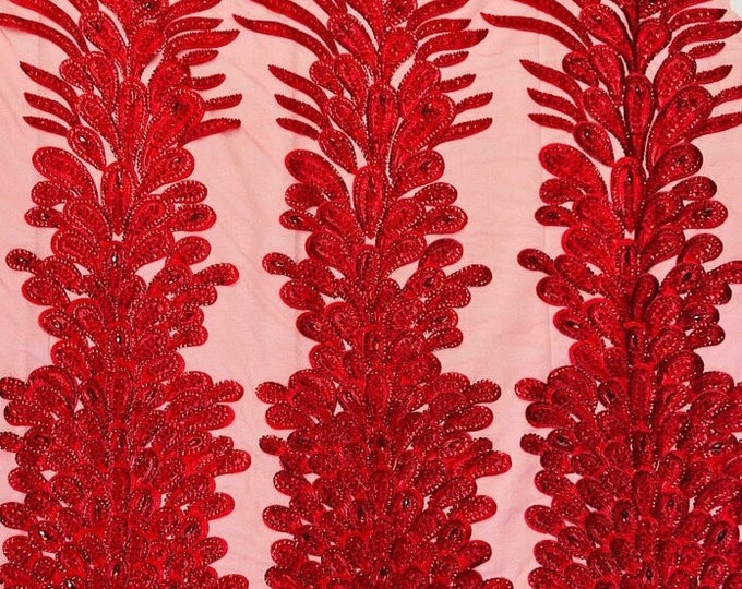 Red peacock sequin gem beaded on mesh, sold by the PANEL