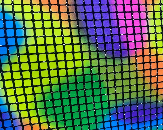 Multi color square tiles Spandex black mesh Fabric by the yard 60 " Wide