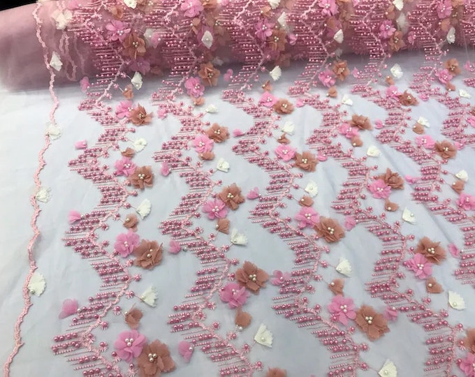 Pink 3d multi color chiffon flowers embroidery with pearls chevron design on a mesh lacescalloped, sold by the yard 54” wide