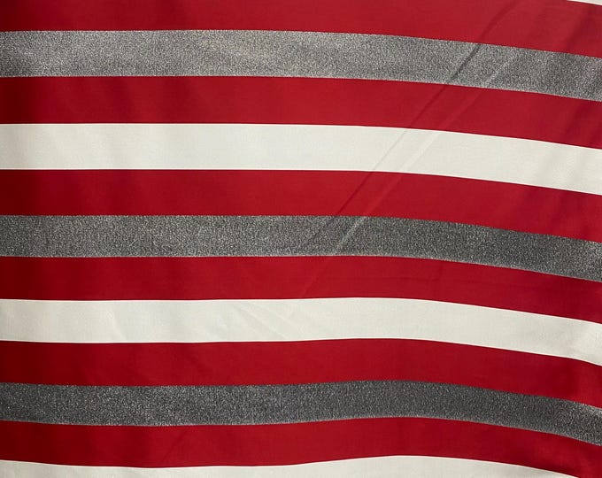 Taffeta metallic multi stripe  silver, red ,and white Fabric 58" by The Yard