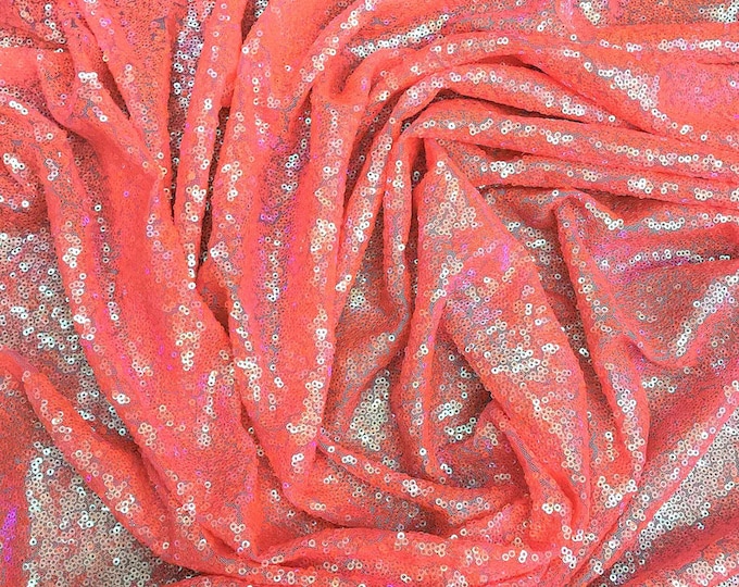 Orange iridescent 3mm Glitz Sequins On Mesh Fabric, 54" Wide, Sells by the Yard