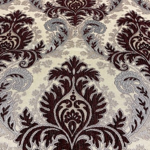 Chenille, Wine Silver Gieneda  Fabric  Damask upholstery furniture fabric by the yard