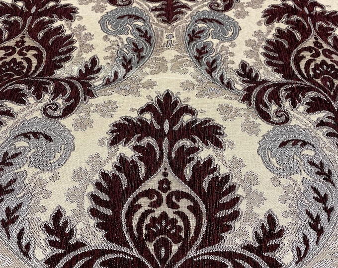 Chenille, Wine Silver Gieneda  Fabric  Damask upholstery furniture fabric by the yard