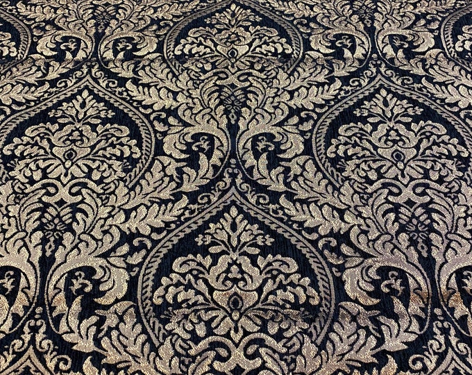 Chenille,Napoli Black damask on gold  56" Wide Fabric, upholstery, pillow fabric by the yard