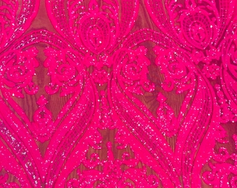 Hot pink Victorian /Tulip, Big Print, Sequin, 4-way Stretch, Fabric 54" Sold By the Yard