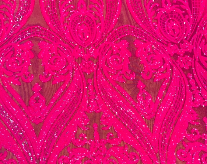 Hot pink Victorian /Tulip, Big Print, Sequin, 4-way Stretch, Fabric 54" Sold By the Yard