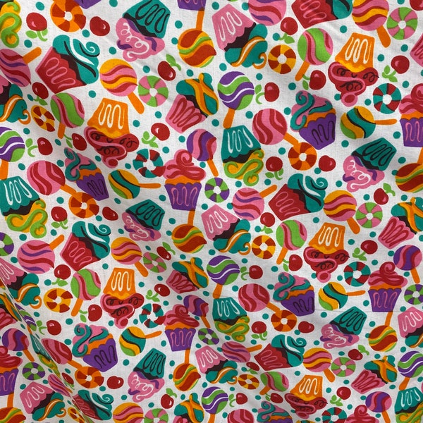 Multi color cupcake  on white  Poly cotton fabric sold  by yard  POLYCOTTON 58" wide